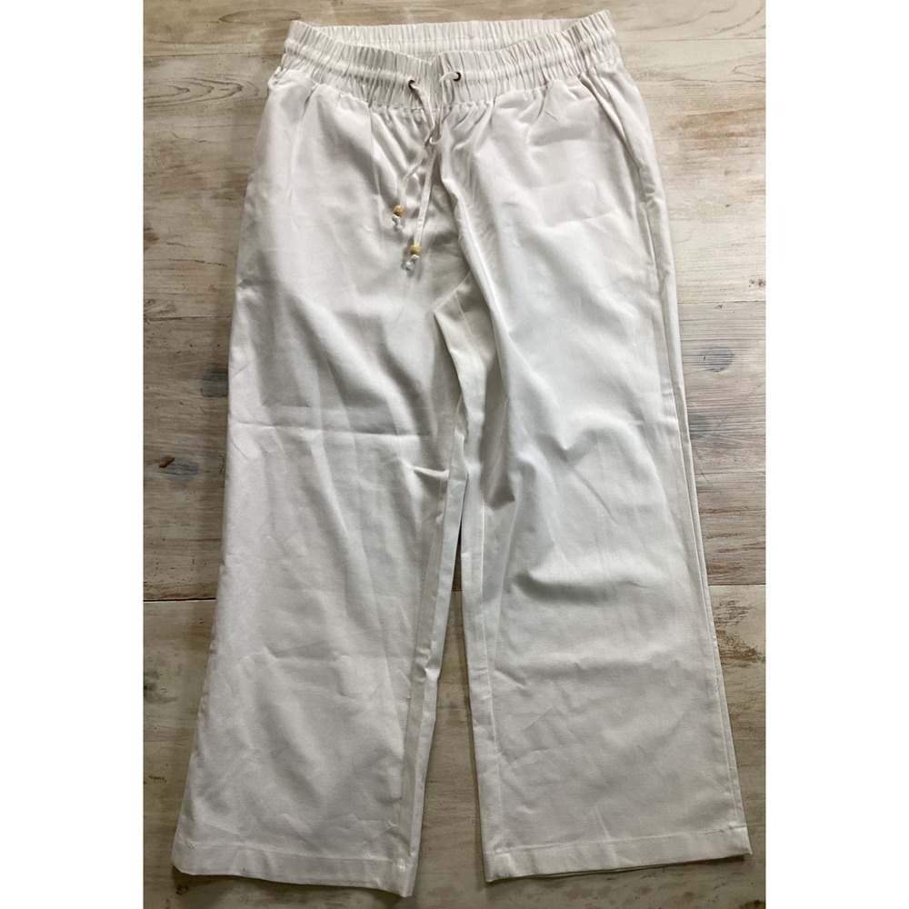 Poplooks Womens White Wide Leg Drawstring Linen Blend Pants Size Large Coastal